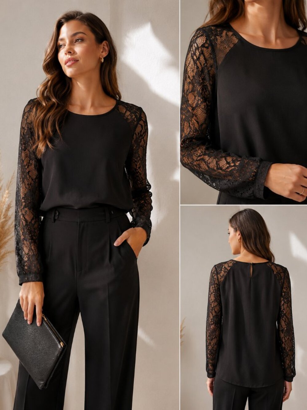 Vanessa Zani Black Lace Sleeve Blouse Elegant Sheer Lace Top Chic Evening